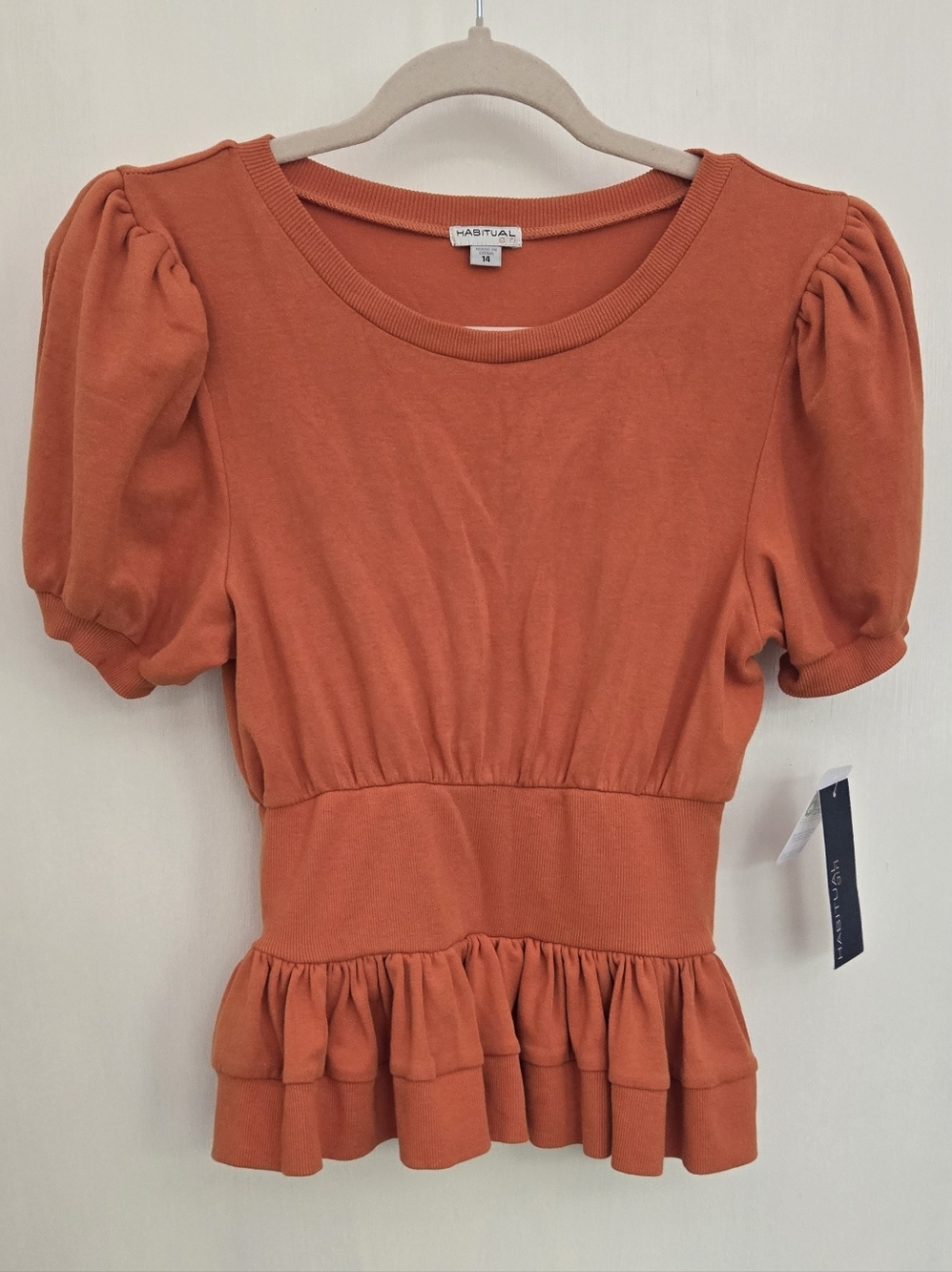 Habitual Puff-Sleeve Ruffle Hem Top in Orange